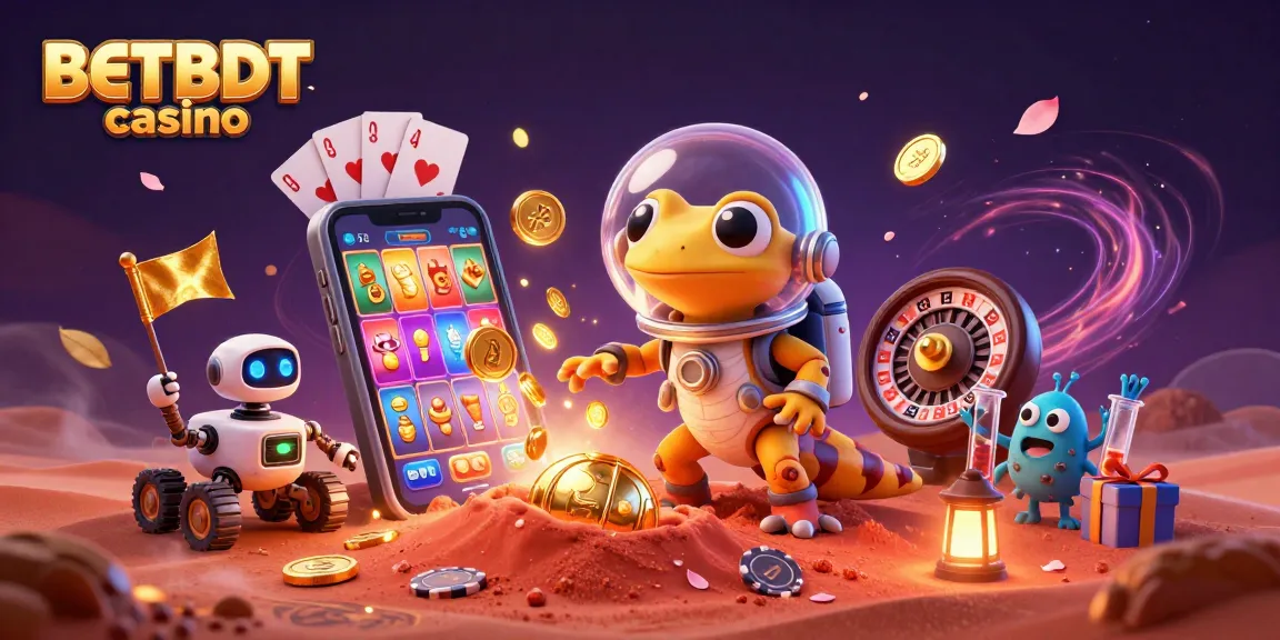 BetBDT casino vibrant illustration showcases a Martian gecko discovering a golden casino in a dynamic, festive scene.