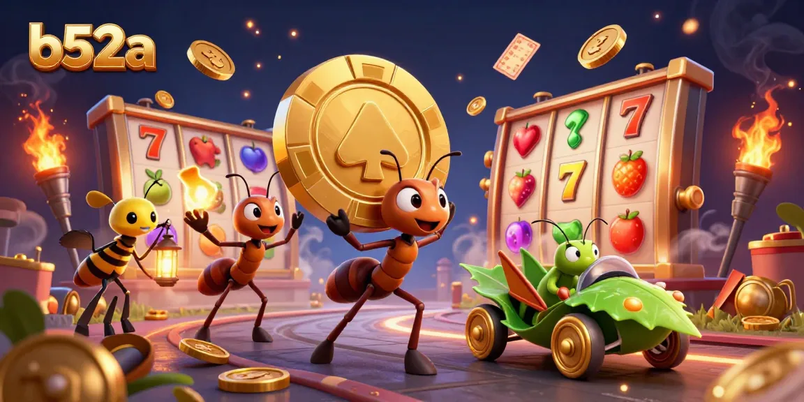 Experience the excitement of b52a as cartoon ants carry a golden poker chip in a vivid casino heist scene.