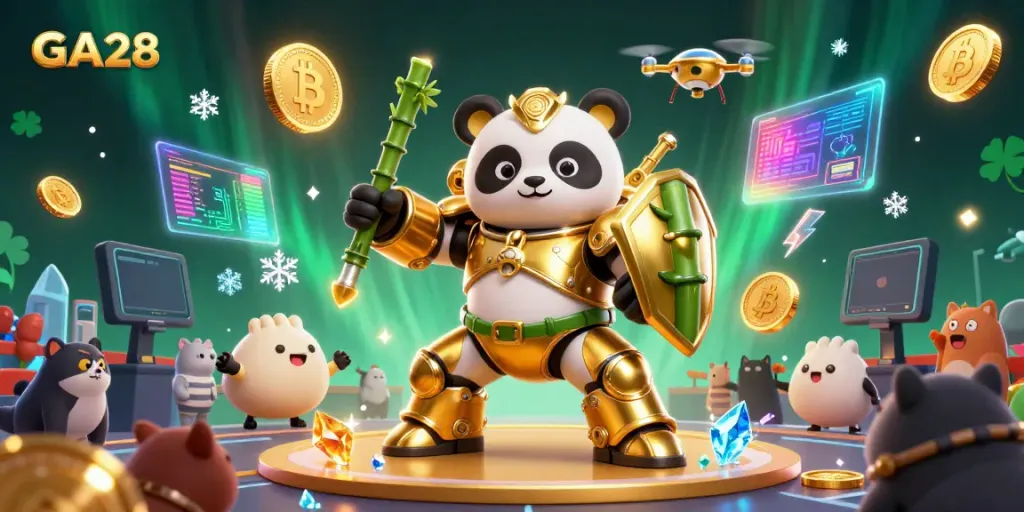 Experience dynamic gaming action at GA28 featuring a mech-suit panda battling in a vibrant casino arena.