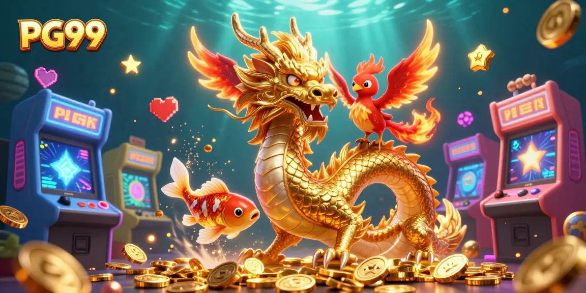 Experience the excitement of PG99 with a fierce dragon, phoenix, and koi fish amid cascading coins.
