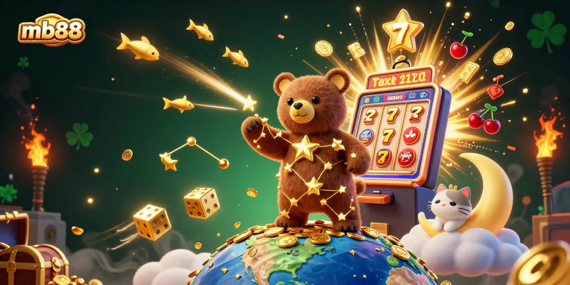 Engage with mb88’s exciting casino games featuring a vibrant constellation bear, slot machine, and enchanting elements in a dynamic scene.