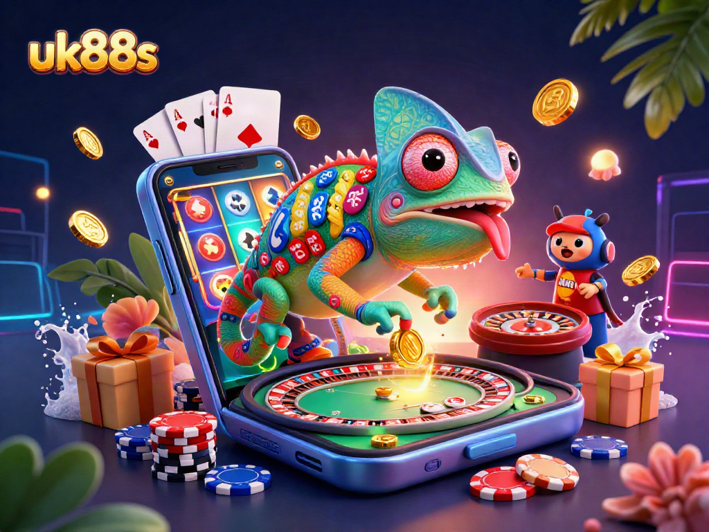 Engage with uk88s as the chameleon casino owner collects golden coins amidst dynamic gaming elements.