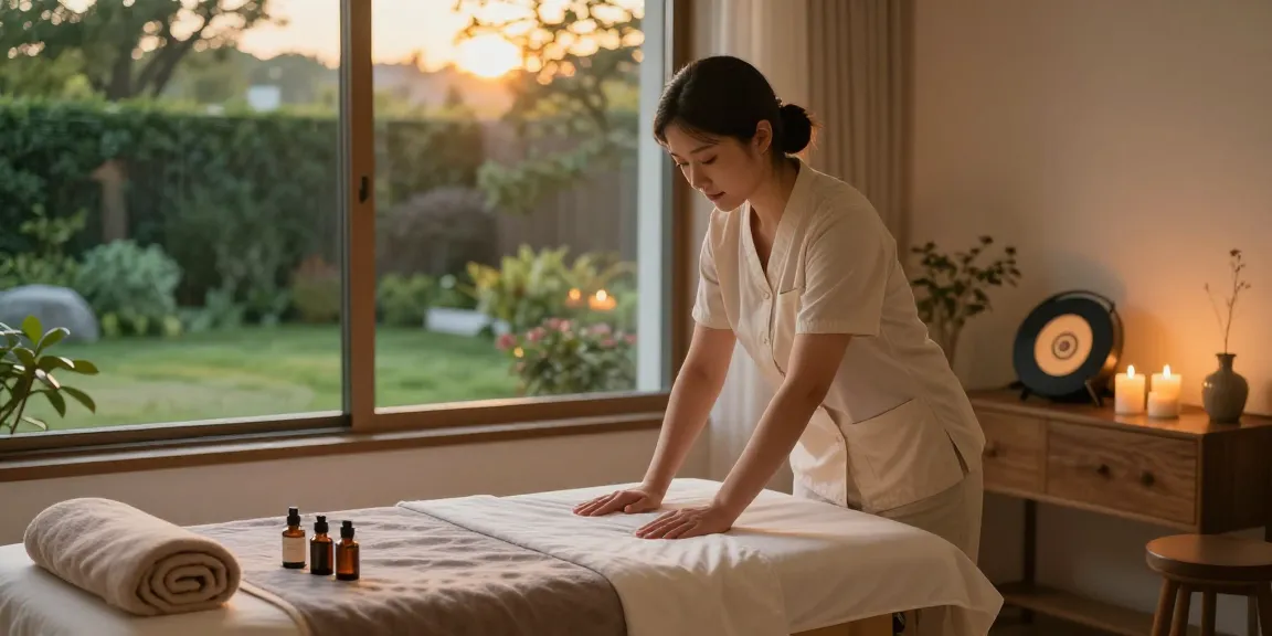 Relaxing home environment for 판교출장안마 with therapist preparing for a soothing massage session, highlighting calming ambiance and personalized care.