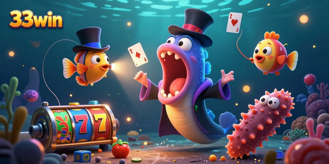 Win big with 33win in this vibrant underwater casino scene featuring playful sea creatures and slot games.