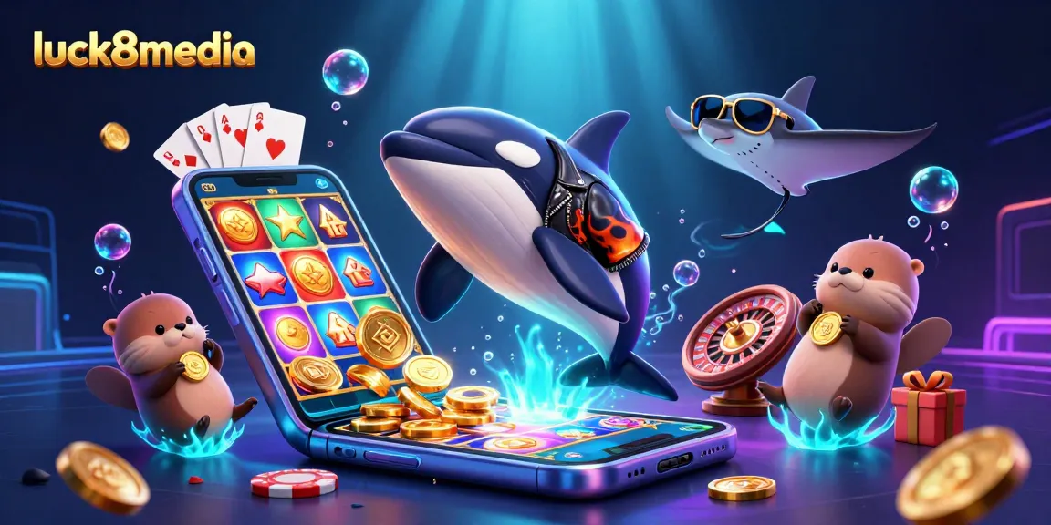 Engage with luck8media's vibrant gambling scene featuring characters enjoying online slots and winning coins.