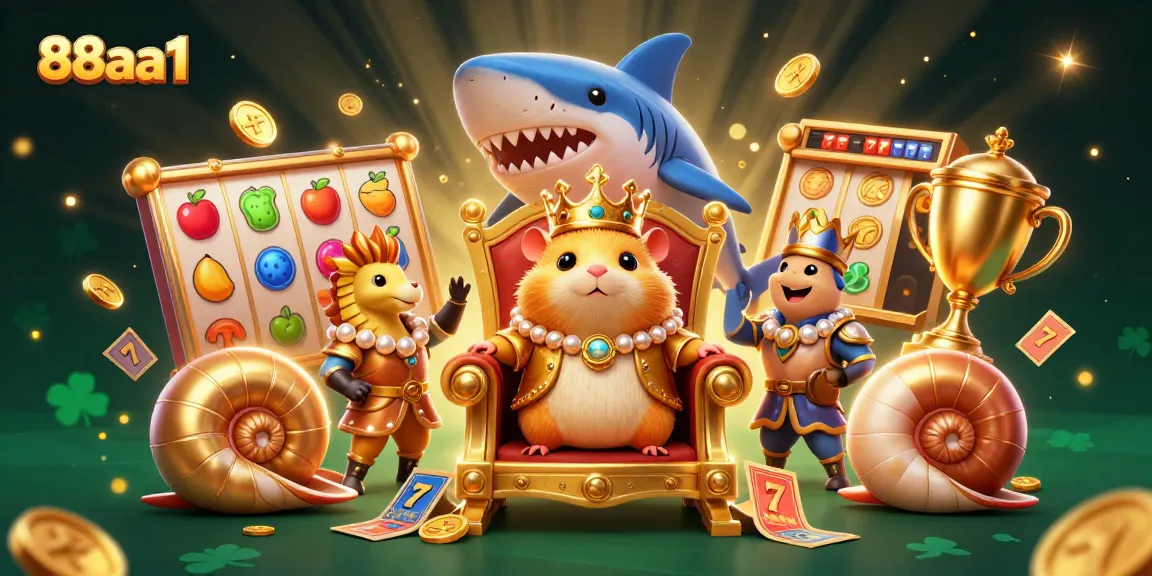 Engage with 88aa1's vibrant casino world featuring the golden hamster king on a megalodon throne amidst dynamic slot games.