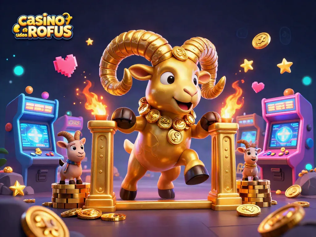 Experience the thrill of casino sider uden ROFUS with a golden ram charging through a vibrant gaming scene.