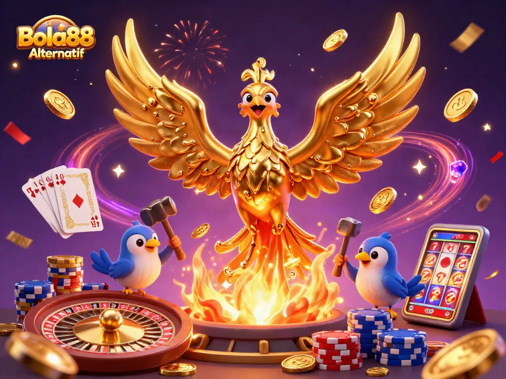 Engage with the vibrant Bola88 Alternatif scene showcasing a golden phoenix and casino elements.
