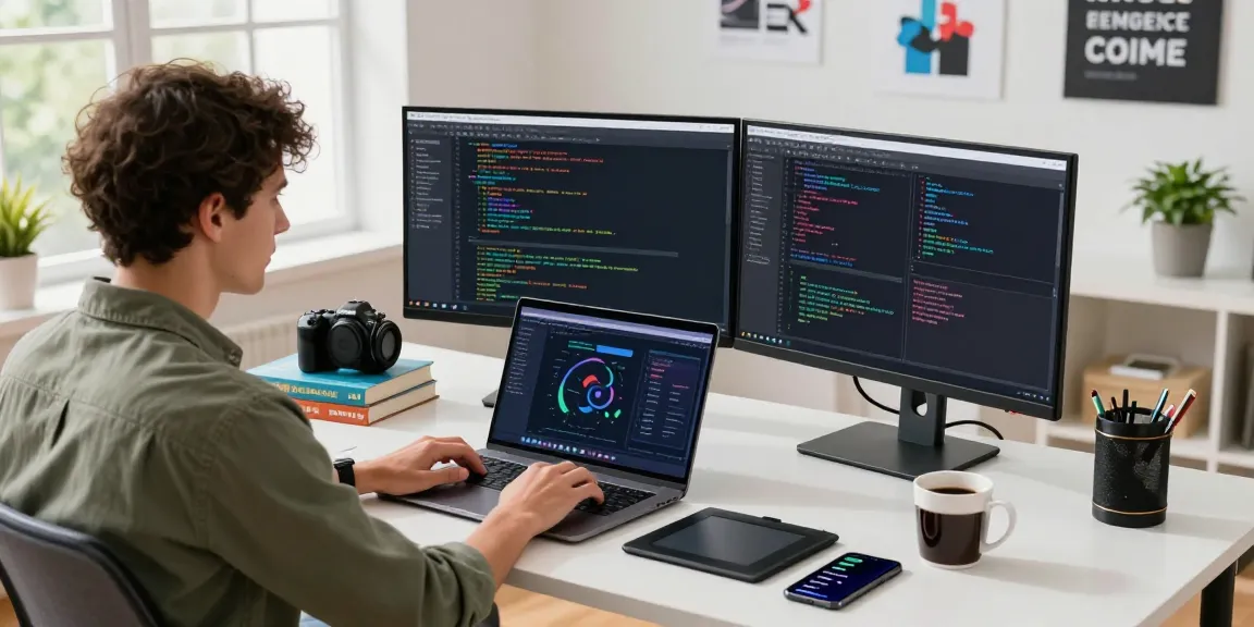 Build internal tools with AI in a modern workspace featuring vibrant coding environments and natural light.