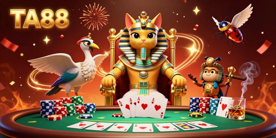 Experience the excitement of TA88 with a pharaoh cat, poker chips, and vibrant casino elements.