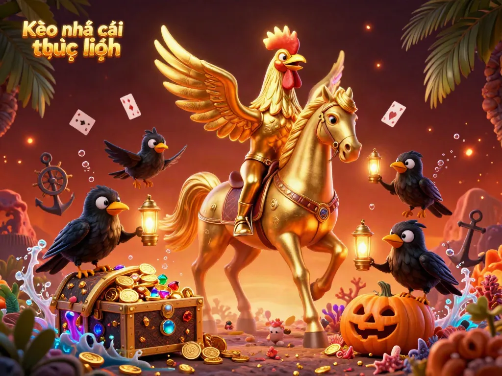 Engaging scene of Kèo nhà cái trực tuyến with a golden rooster riding in a casino, surrounded by treasures and glowing elements.