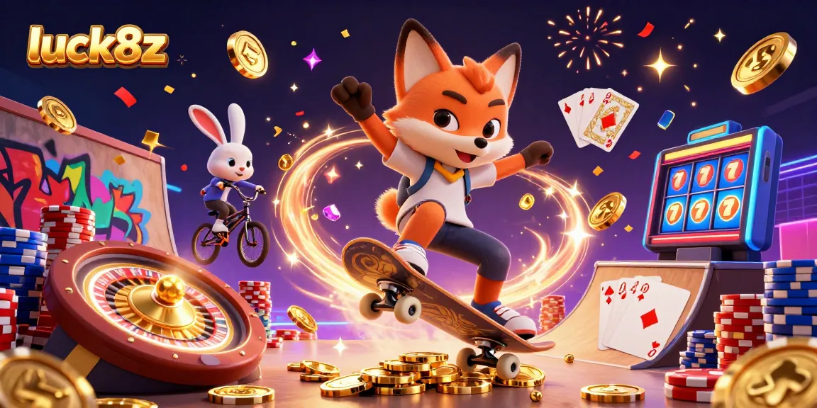 Experience excitement with luck8z as the animated fox skater flips over poker chips, surrounded by dazzling casino elements.