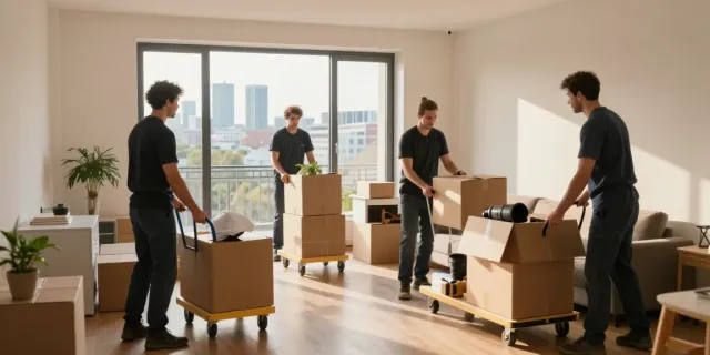 Professionelles Team bei der Wohnungsauflösung Berlin Mitte, Möbel und Kartons werden sorgfältig transportiert.