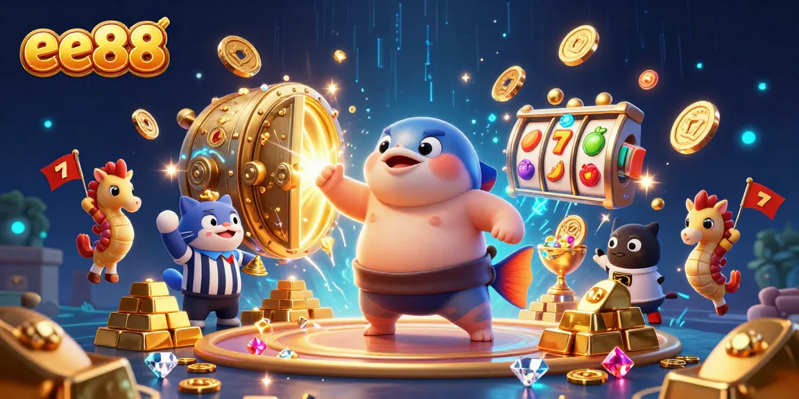 ee88 casino illustration showcasing a fugu in a sumo belt, surrounded by treasures and slot elements.