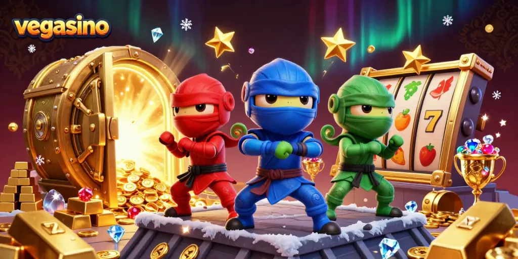 Play thrilling slot games at vegasino with vibrant ninja characters and overflowing treasure.
