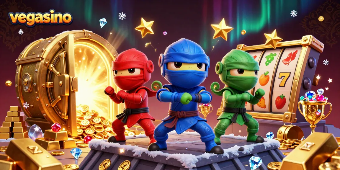 Play thrilling slot games at vegasino with vibrant ninja characters and overflowing treasure.