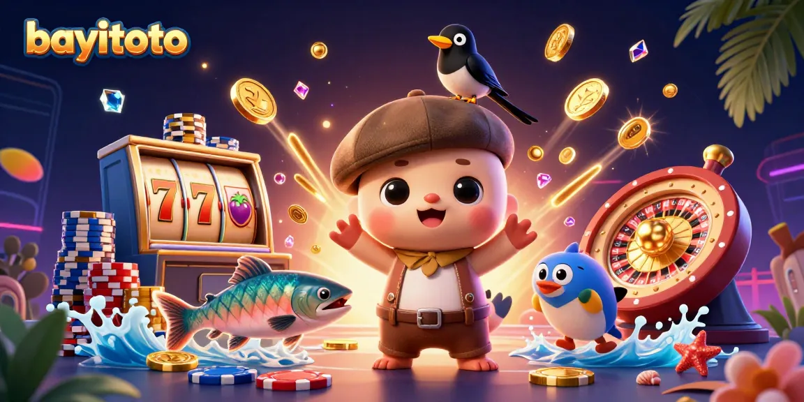 Experience thrilling bayitoto gameplay with a whimsical 3D illustration featuring Nessie and slot machines.