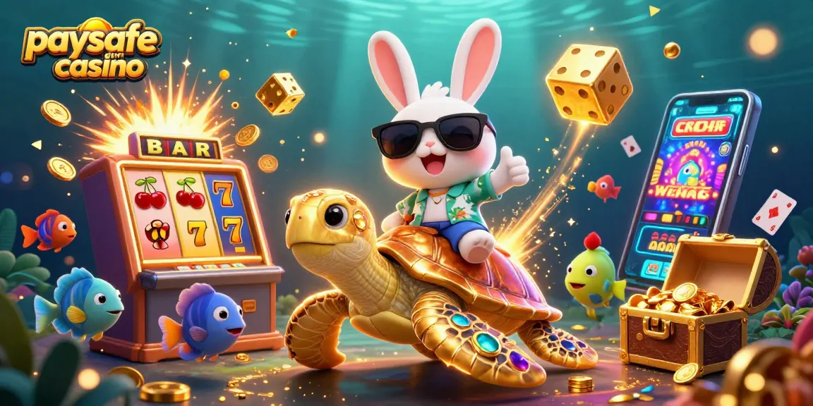Erleben Sie Spaß in einem Paysafe Card Casino mit einem glücklichen Hasen und einer goldenen Schildkröte, umgeben von Spielautomaten.