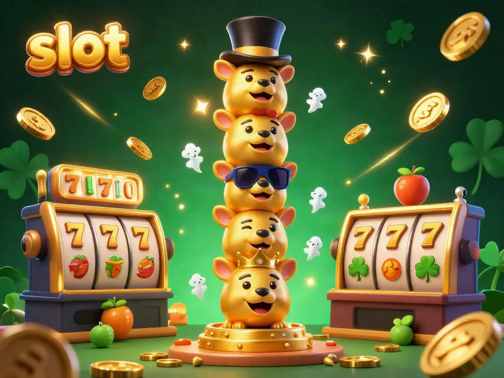 Experience the thrill of slot machines with a dynamic 3D illustration featuring golden totem pole and vibrant game elements.