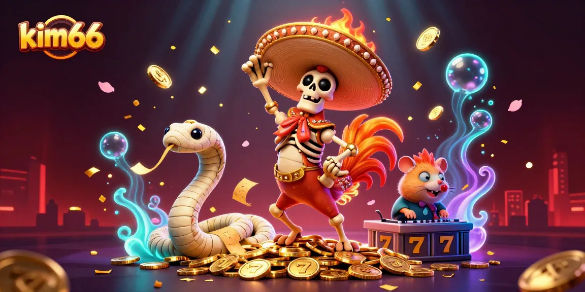 Experience excitement at kim66 with vibrant slots and animated casino characters celebrating wins.