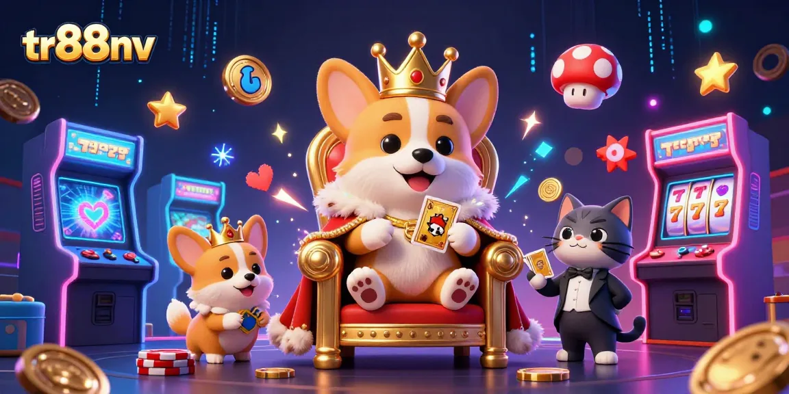 Spin and win with tr88nv in this vibrant casino scene featuring royal corgi and slot elements.