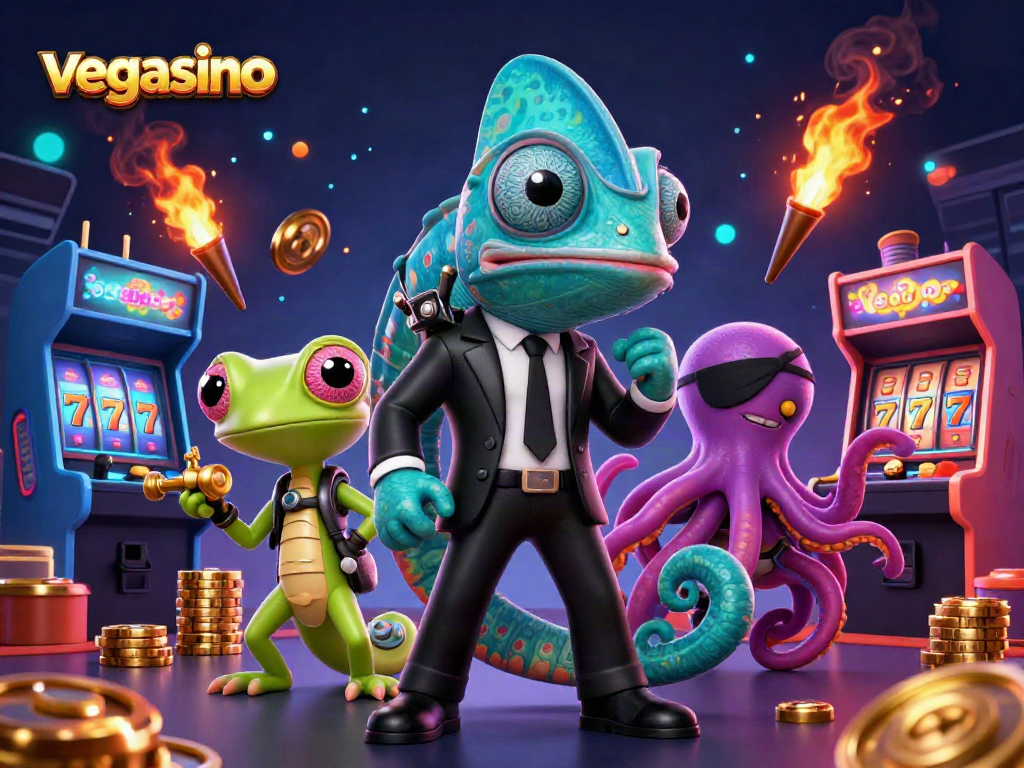 Players at vegasino enjoy colorful 3D arcade games, slots, and vibrant casino elements.