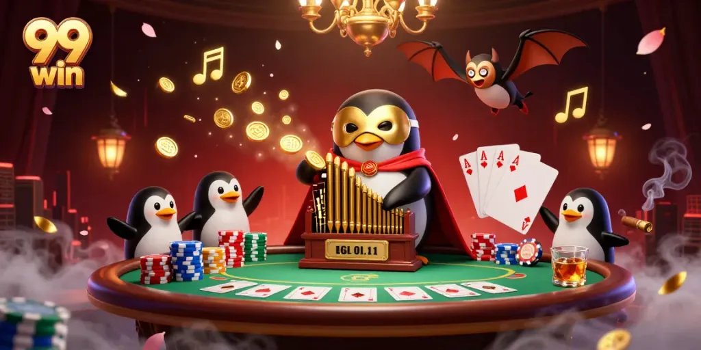 Experience the excitement of 99 win as a cartoon penguin plays an organ, showering gold coins in a vibrant casino scene.