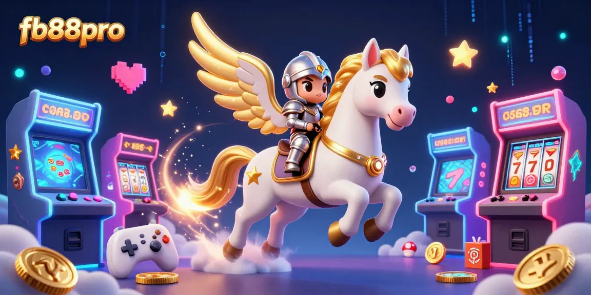 Spin the reels with fb88pro's immersive 3D gaming experience, featuring a cosmic horse and knight amidst vibrant casino elements.