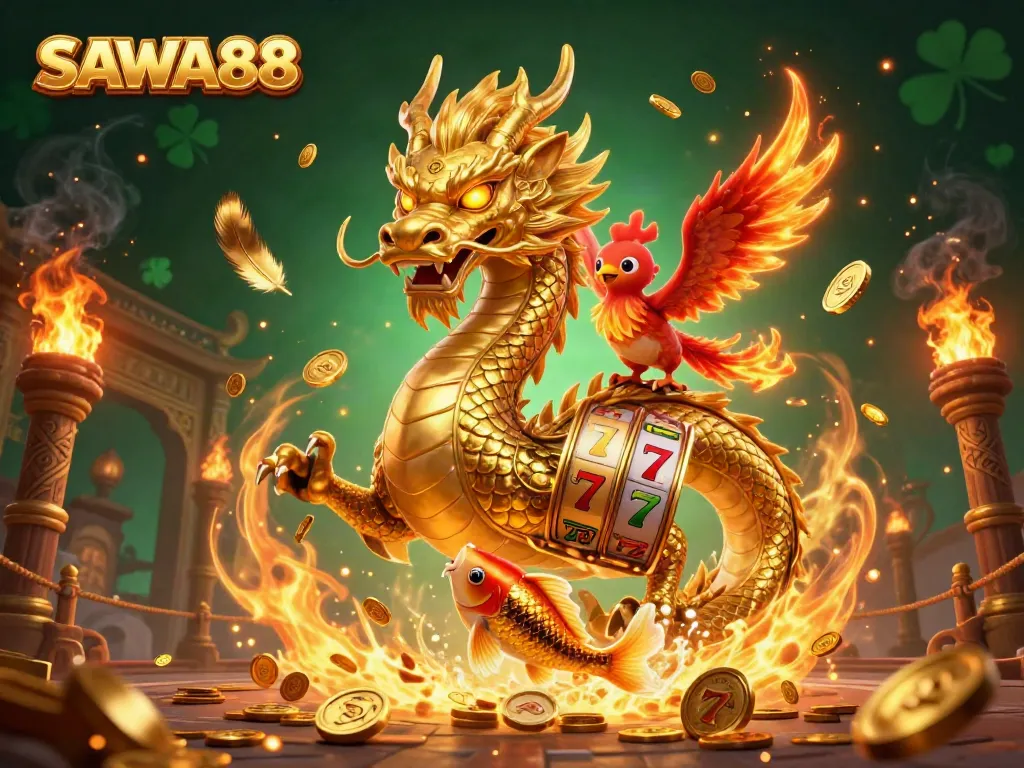 Experience the thrilling world of SAWA888 with a golden dragon, phoenix, and koi fish amidst dynamic casino elements.