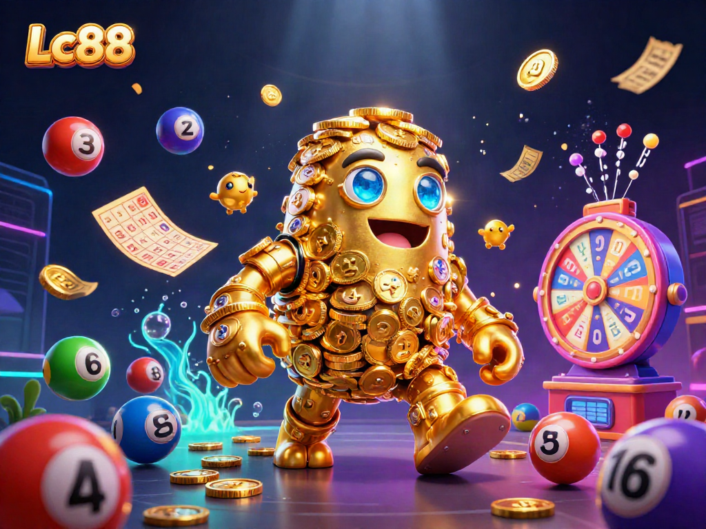 Play exciting Lc88 casino games with a golden golem and vibrant lottery elements in action.