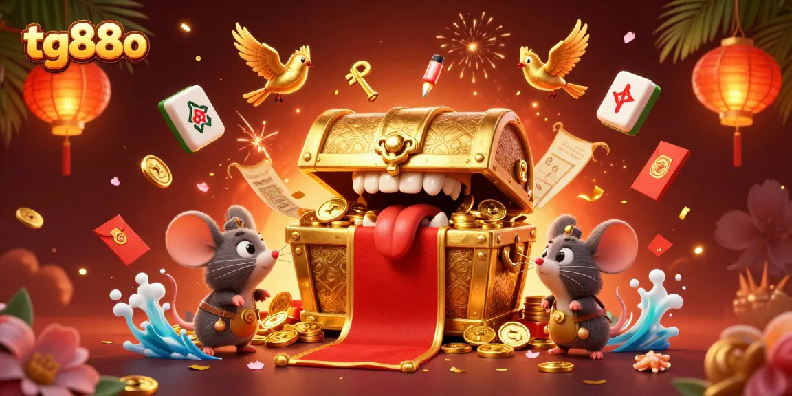 Experience thrilling adventures with tg88o's treasure chest mimic surrounded by luck and fortune elements.