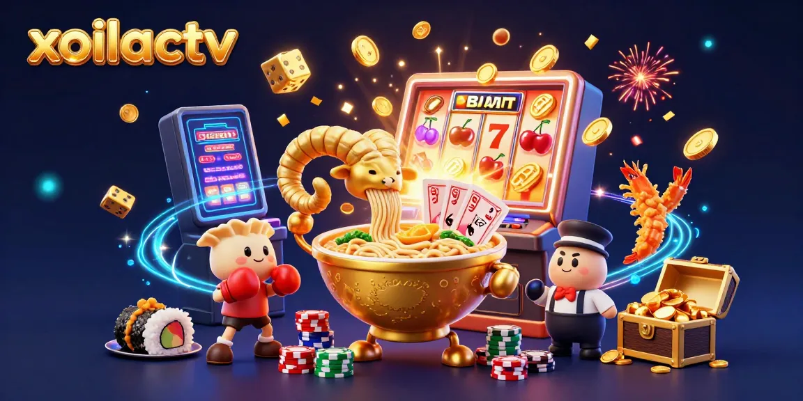 Experience thrilling action at xoilactv with an animated golden ramen bowl dealing cards amidst a vibrant casino scene.