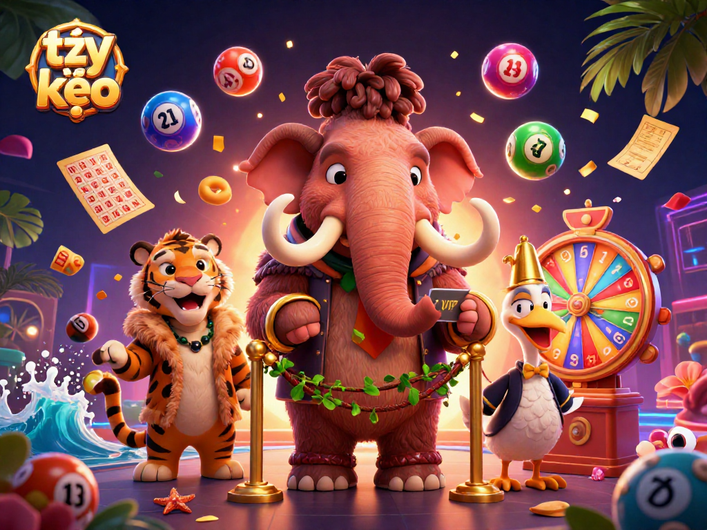 Engaging tỷ lệ kèo scene with a mammoth bouncer, saber-tooth VIP, and lively lottery elements.