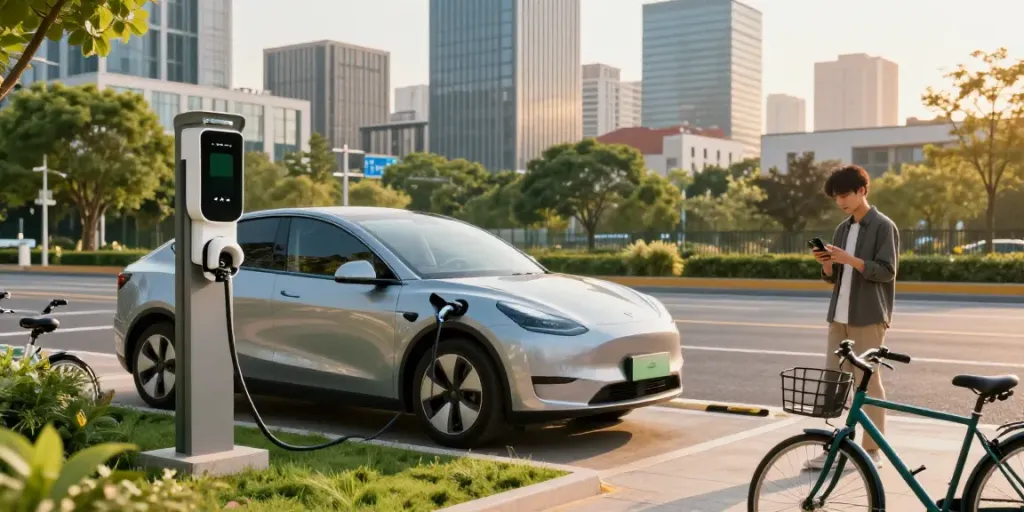 Electric vehicle charging station in a modern urban setting, showcasing experience-electrique and eco-friendly transportation.