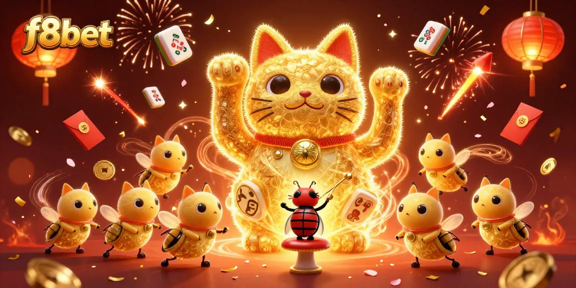 Experience the excitement of f8bet with this vibrant 3D illustration featuring a lucky cat surrounded by casino symbols.