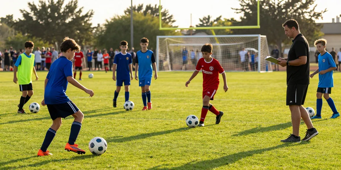Jugendspieler trainieren mit dem Matchball Fußball auf dem Sportplatz.