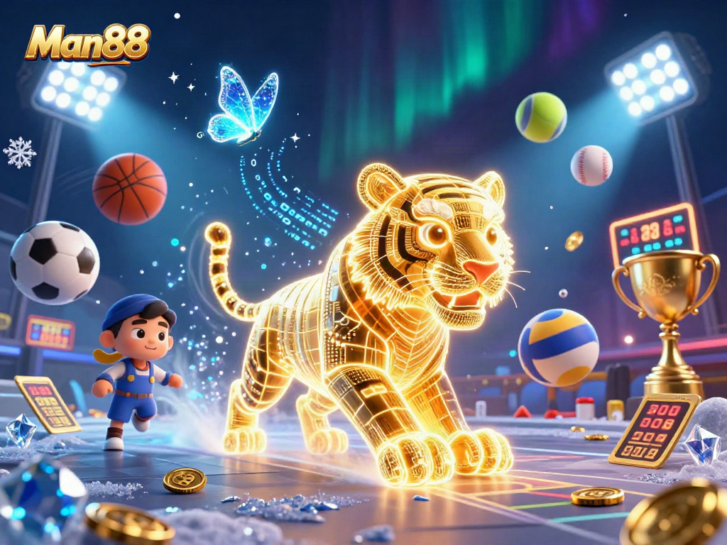 Experience thrilling sports betting at Man88 with vibrant 3D elements showcasing casino excitement.