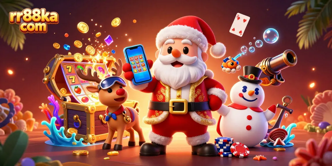Engage in lucrative gaming thrills at rr88ka com with Santa Claus and festive companions in a vibrant casino scene.