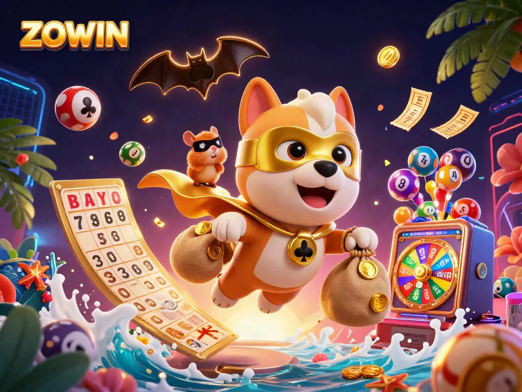 ZOWIN showcases a vibrant 3D scene with a superhero dog flying amidst colorful lottery elements and casino icons.