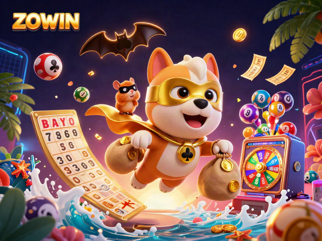 ZOWIN showcases a vibrant 3D scene with a superhero dog flying amidst colorful lottery elements and casino icons.