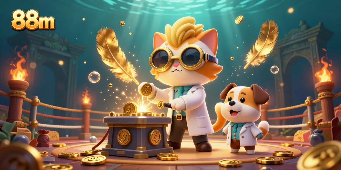 Experience winning moments with 88m in a vibrant casino scene featuring cartoon characters and gold coins.