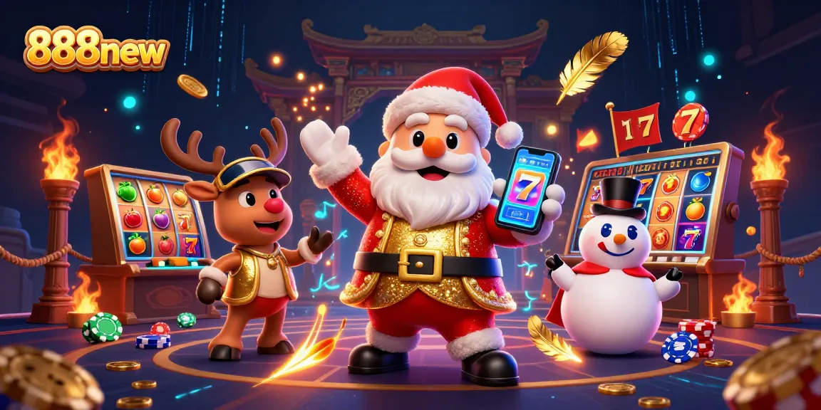 Spin jackpots with 888new featuring Santa and festive casino elements in a vibrant scene