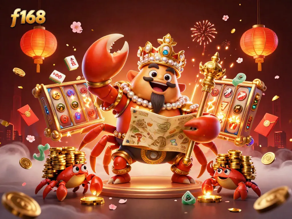 Experience thrilling gameplay at f168 with a golden crab emperor and captivating slot reels.