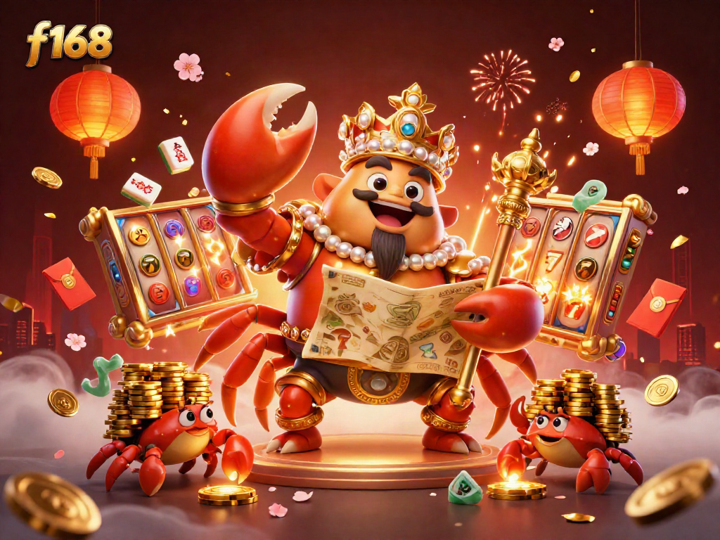 Experience thrilling gameplay at f168 with a golden crab emperor and captivating slot reels.