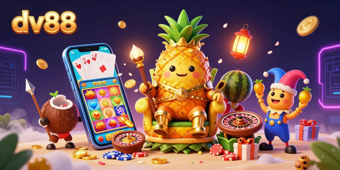 Experience thrilling gameplay with dv88, featuring a golden pineapple king amidst vibrant casino elements.
