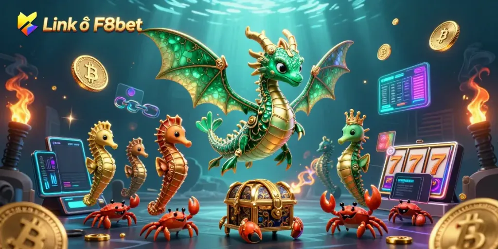 Engage with the exciting Link vào F8bet adventure showcasing vibrant gambling elements and 3D characters.