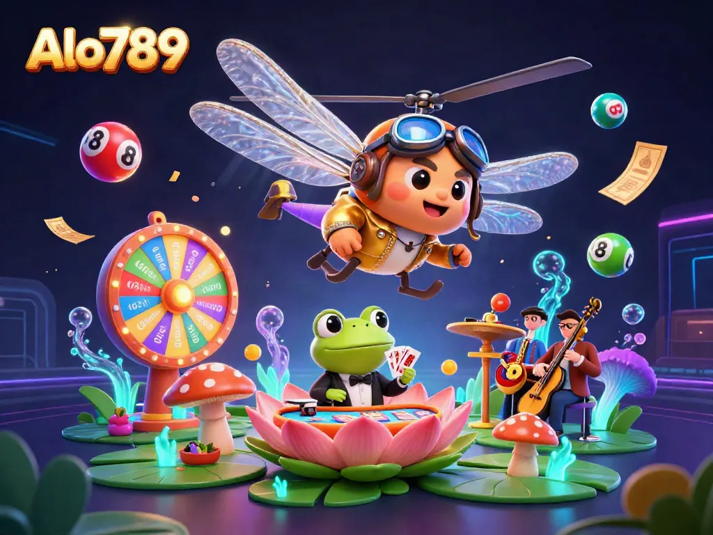 Alo789 captures a fun casino scene with a dragonfly pilot overseeing a lively lily pad casino with a frog croupier and jazz-playing crickets.