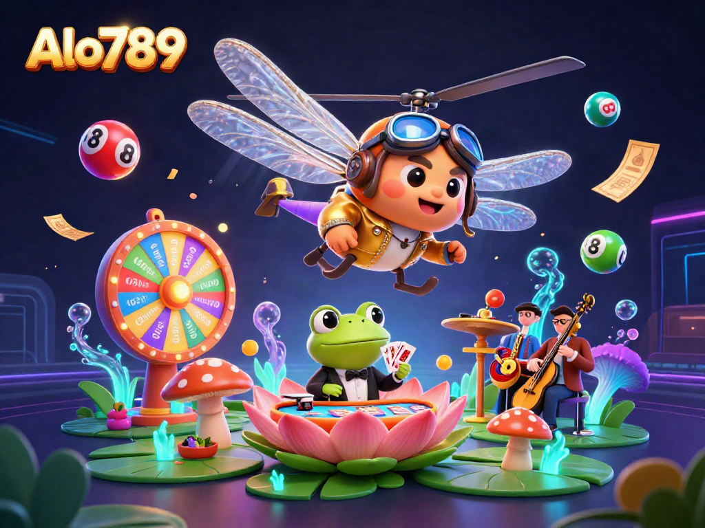 Alo789 captures a fun casino scene with a dragonfly pilot overseeing a lively lily pad casino with a frog croupier and jazz-playing crickets.