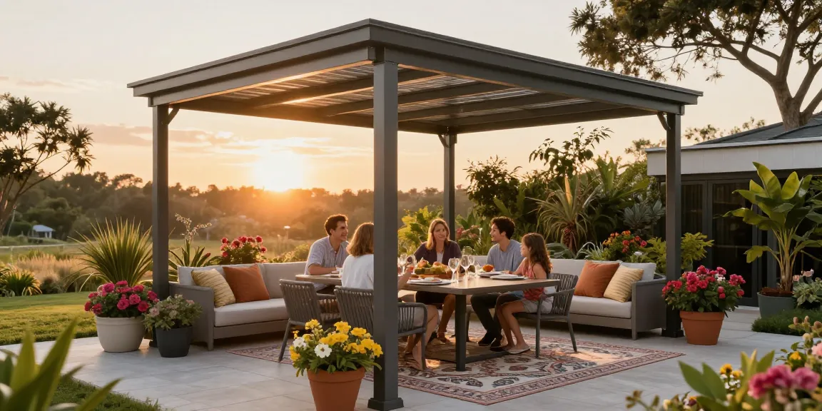 Moderne Terrassenüberdachung schützt beim Essen im Freien.