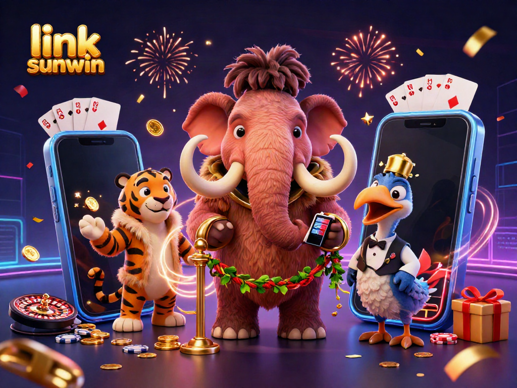 Explore the vibrant world of link sunwin with a dynamic scene featuring casino characters and games.